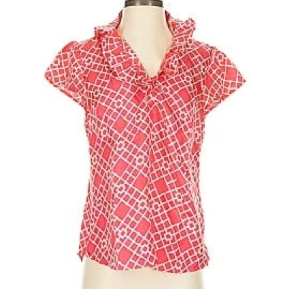 Elizabeth McKay Geometric Pink Ruffle Collar Silk Blouse Size 6